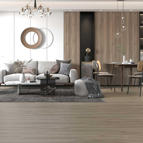 Set 36 Placi Autoadezive pentru Pardoseala, Flippy, din PVC, Impermeabil, Ignifug, Usor de Curatat, Dimensiune Placa 91.44 x 15.24 cm, Grosime 1.5 mm, Acoperire 5 m2, Model 14, Maro - vivimall.ro