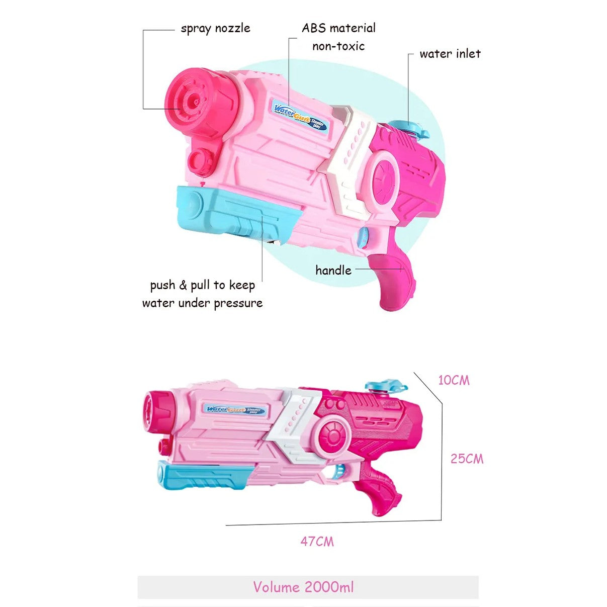 Pistol cu Apa pentru Copii, Rezervor, Pentru Piscina/Plaja, Vivimall, 6ani+, Roz, 2000ML - vivimall.ro