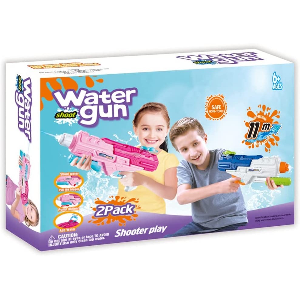 Set 2X Pistol Cu Apa Pentru Copii, Rezervor, Pentru Piscina/Plaja, 6Ani+, Roz + Albastru, 1200 Ml - vivimall.ro