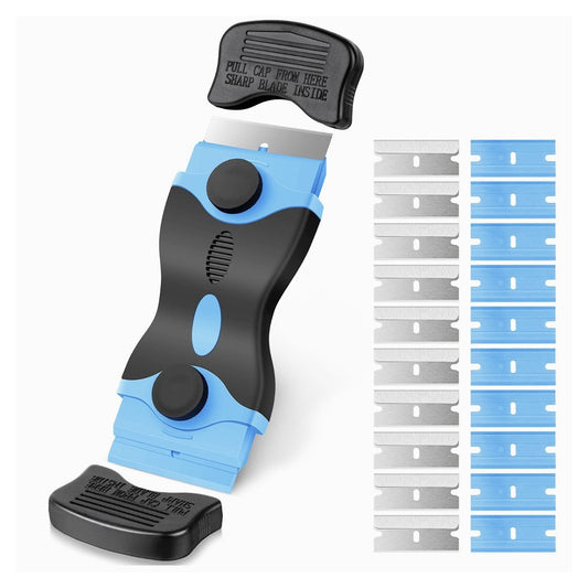 Racleta Multifunctionala pentru Curatare Sticla si Ceramica,- Design Ergonomic, Maner Anti-alunecare, Include 20 de Lame de Schimb, 12,5 x 4,5 cm, Albastru - vivimall.ro