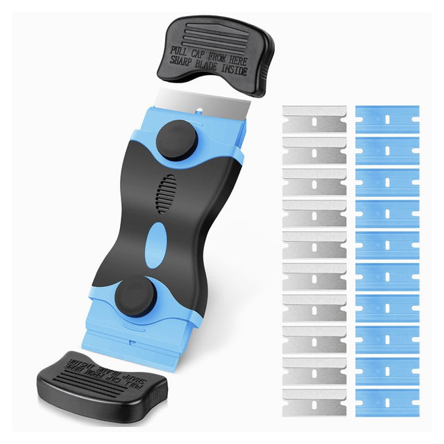 Racleta Multifunctionala pentru Curatare Sticla si Ceramica,- Design Ergonomic, Maner Anti-alunecare, Include 20 de Lame de Schimb, 12,5 x 4,5 cm, Albastru - vivimall.ro