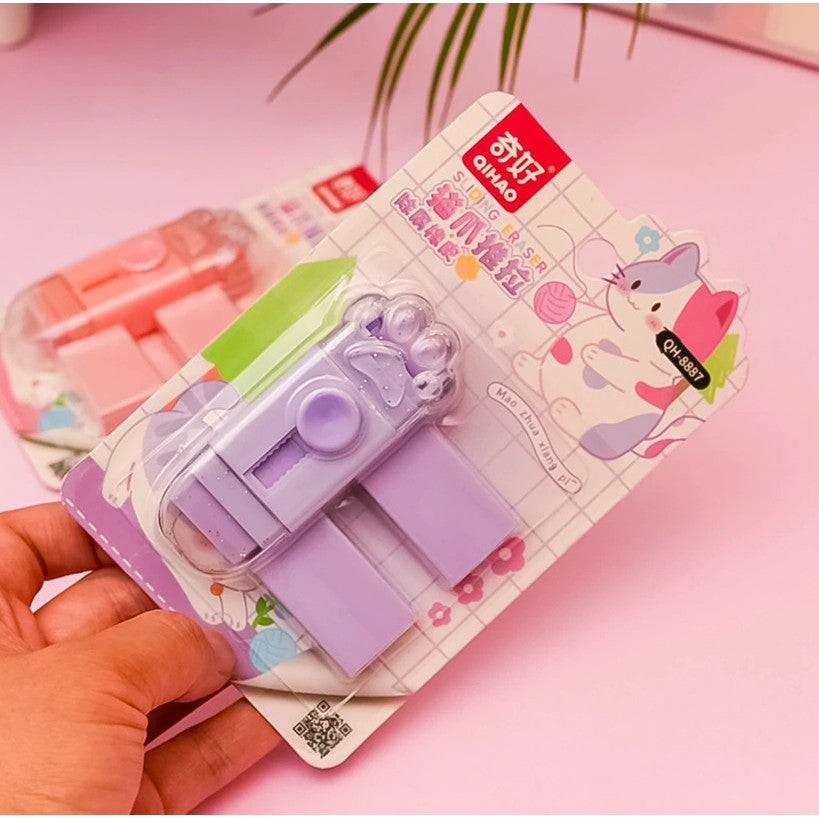 Radiera, Vivimall, Model Labuta de Pisica, cu 2 Rezerve, Reglare Pull-Push, din Cauciuc, Mov - vivimall.ro