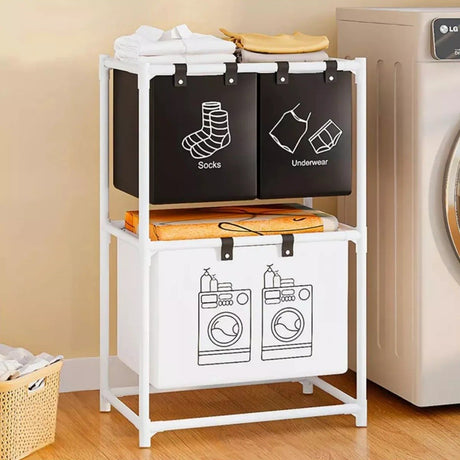 Cos de Rufe, Vivimall, cu 2 Etaje, Vivimall, 3 Cosuri, Cadru de Otel Inoxidabil, 97x28x57 cm, Alb - vivimall.ro