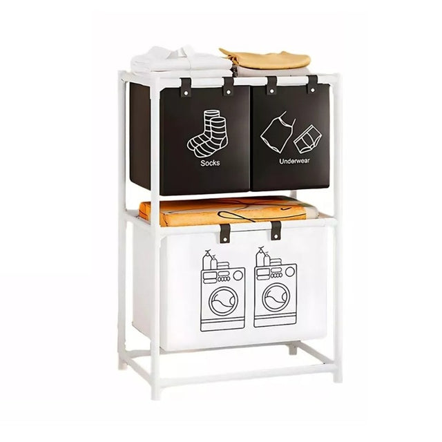 Cos de Rufe, Vivimall, cu 2 Etaje, Vivimall, 3 Cosuri, Cadru de Otel Inoxidabil, 97x28x57 cm, Alb - vivimall.ro