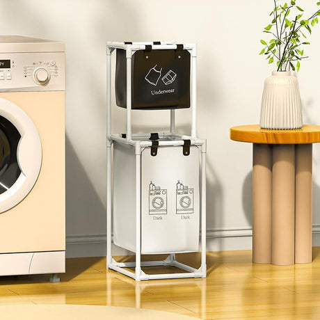 Cos de Rufe, Vivimall, cu 2 Etaje, 2 Cosuri, Cadru de Otel Inoxidabil, 97x44x31 cm, Alb - vivimall.ro