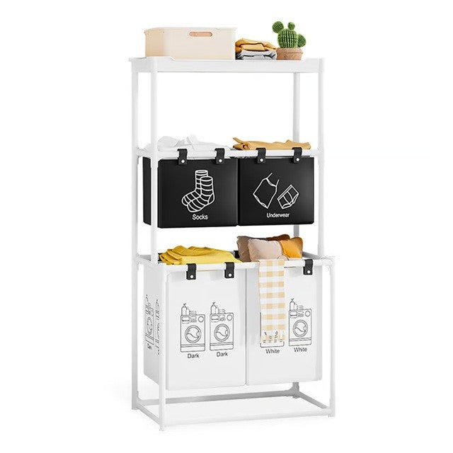 Cos de Rufe, Vivimall, 3 Rafturi, 4 Cosuri, Cadru de Otel Inoxidabil, 123x28x57 cm, 123x44x57 cm, Alb - vivimall.ro