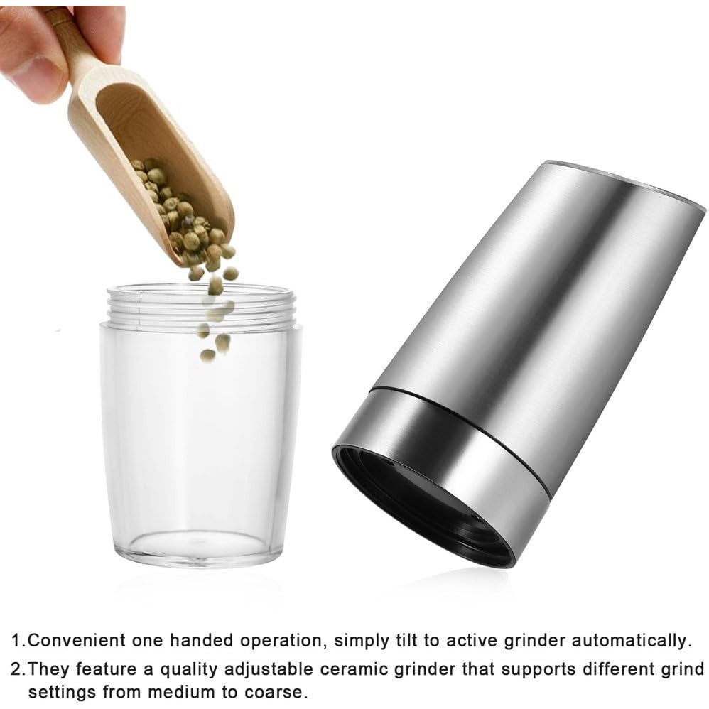 Rasnita Electrica Sare si Piper, Vivimall, cu Camera Depozitare Transparenta, Macinare, Functionare pe Baterii, cu Lumina, ABS, 20x6.5 cm, Argintiu/Transparent - vivimall.ro