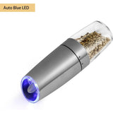 Rasnita Electrica Sare si Piper, Vivimall, cu Camera Depozitare Transparenta, Macinare, Functionare pe Baterii, cu Lumina, ABS, 20x6.5 cm, Argintiu/Transparent - vivimall.ro