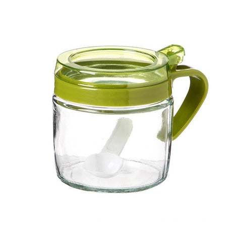 Fűszertartó, üvegből, 180 ml, fogantyúval és kanállal, átlátszó tetővel,