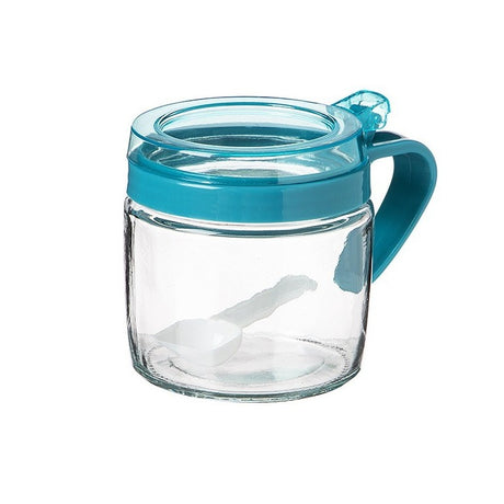Fűszertartó, üvegből, 180 ml, fogantyúval és kanállal, átlátszó tetővel,