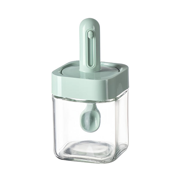Recipient pentru Depozitarea Condimentelor, Vivimall, Borcan din Sticla, Capac si Lingura Incorporate, Uz Casnic, 300 ml, 7.1x7.1x14.8 cm, Verde - vivimall.ro