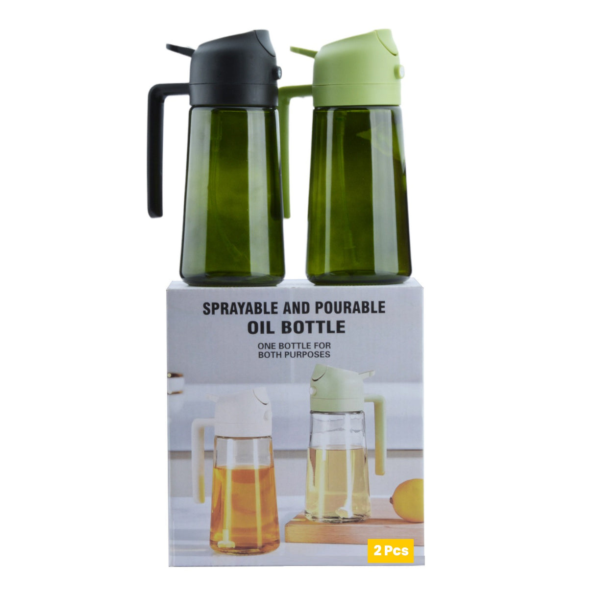 Recipient pentru Ulei 2 in 1, Vivimall, Set 2 Bucati, Functie Spray & Turnare, din Sticla, Fara Scurgere, 18.5 x 8 x 8 cm, 470 ml/buc, Sticla Verde, Verde/Negru - vivimall.ro