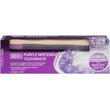 Set pastă de dinți XOC Purple Whitening 100 ml + periuță (bambus) – efect de albire declarat - vivimall.ro