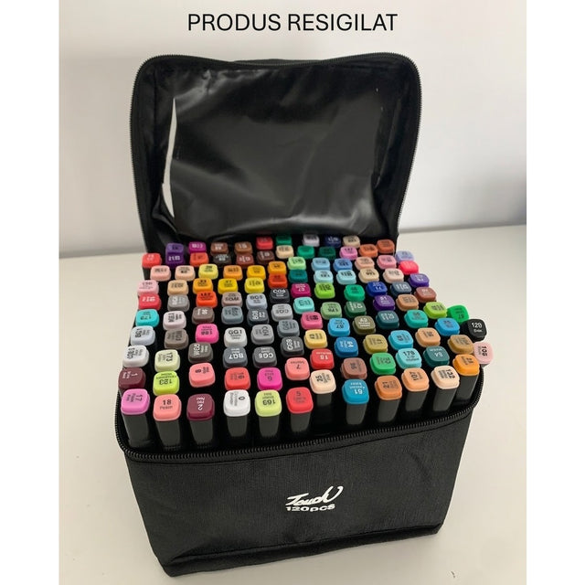 Set 120 markere duble pe bază de alcool Flippy, culori numerotate multicolor, vedere de ansamblu
