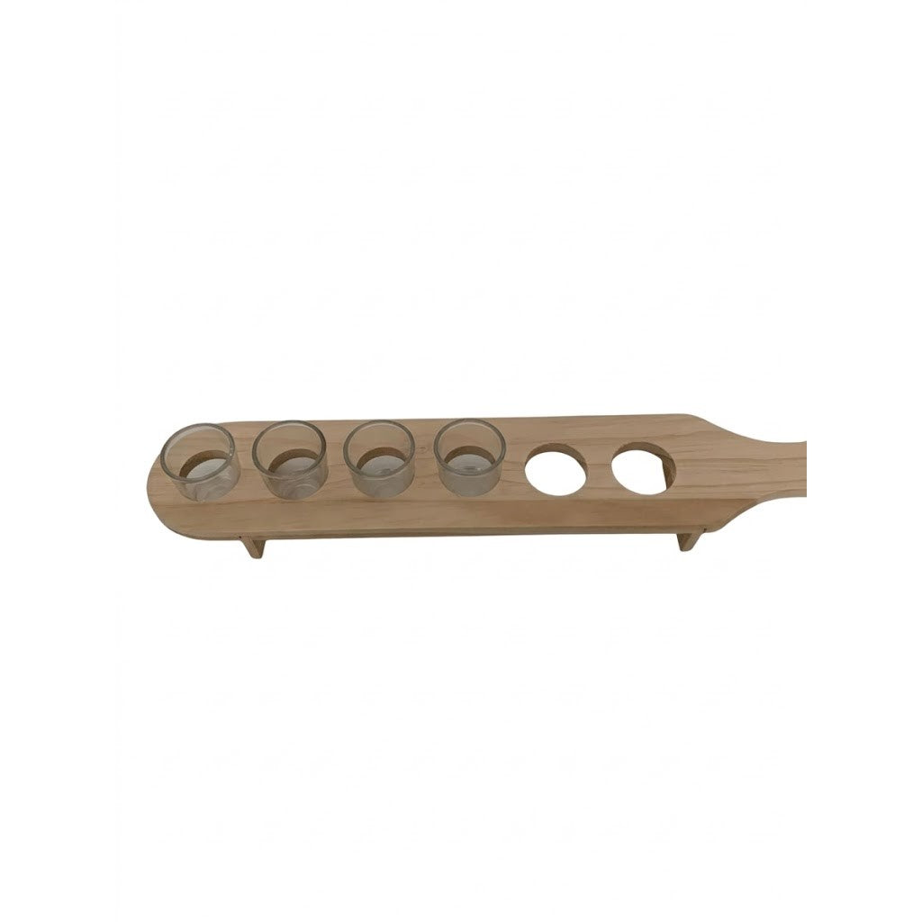 RESIGILAT - Set 6 Pahare Shot din Sticla Flippy, cu Suport din Lemn, Design Rustic, 49.5 x 7 x 6.5 cm, Maro - vivimall.ro