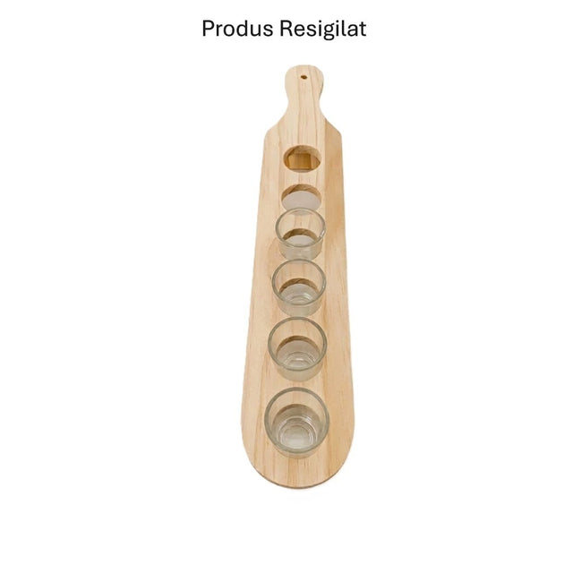 RESIGILAT - Set 6 Pahare Shot din Sticla Flippy, cu Suport din Lemn, Design Rustic, 49.5 x 7 x 6.5 cm, Maro - vivimall.ro