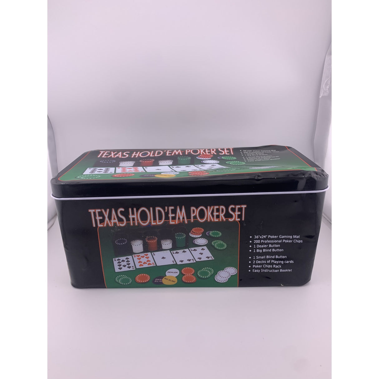 Set poker Flippy cu 200 de jetoane și 2 seturi de cărți Texas Hold'em, vedere de ansamblu cu cutia deschisă