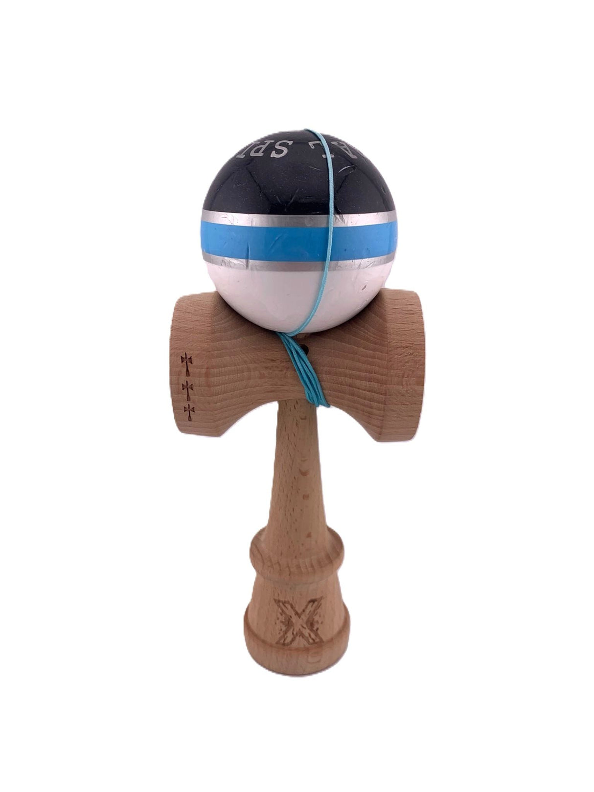 RESIGILAT2 - Kendama X Originala ROYAL SPIKE, Profesionala, Flippy, Cupe Mari KING SIZE V3, Super Sticky, Gaura in Baza, Rulment Metalic, din lemn 18 cm, Ata 62/65 cm, Inel Albastru Deschis - vivimall.ro