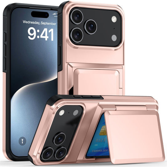 Husa de Protectie compatibila Apple iPhone 17 Pro Max, Vivimall, Compartiment pentru Carduri, Anti-alunecare, Protectie PC, Rezistenta la Zgirieturi, Rose Gold - vivimall.ro