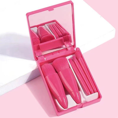 Set 5 Mini Pensule De Machiaj, Portabile, In Carcasa Cu Oglinda, Din Par Sintetic Moale, Fucsia, 12X7X2.5 Cm - vivimall.ro