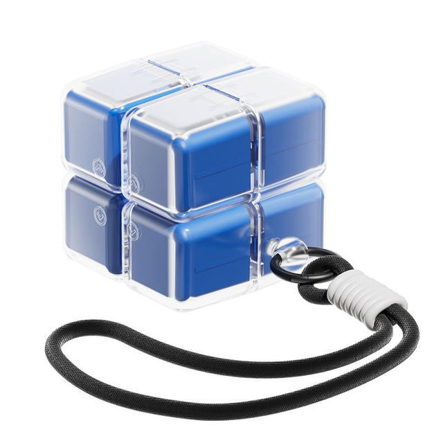 Organizator medicamente Flippy model Rubik Cube albastru, dozator portabil 7 zile cu curea agățare, vedere frontală