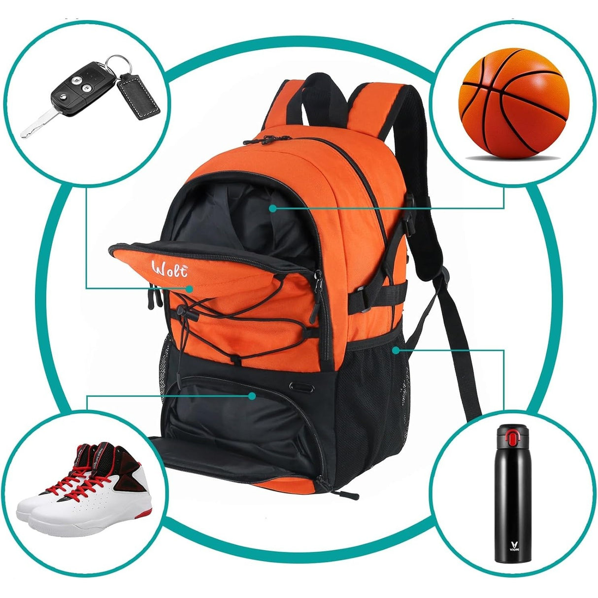 Rucsac de Baschet Multifunctional, Vivimall, pentru Calatorie, Sport, Scoala, cu Compartiment pentru Pantofi si Minge, 32 Litri, 45x32x22 cm, Portocaliu-Negru - vivimall.ro