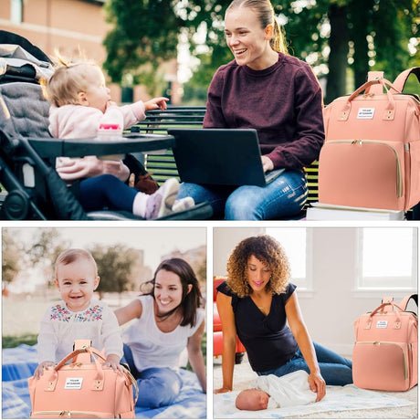 Rucsac Multifunctional pentru Mamici, Vivimall, cu Patut Pliabil si Baza de Schimbat, Rezistent la Apa, Capacitate Mare, Usor, Compartimente Multiple, Buzunar Termic pentru Lapte, 42 x 32 x 22 cm, Roz Pudra - vivimall.ro