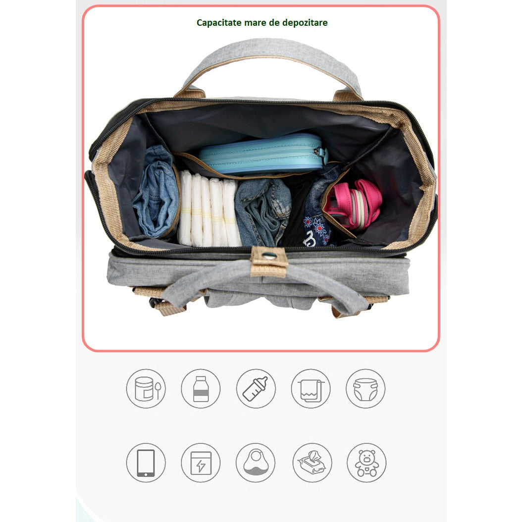 Rucsac Multifunctional pentru Mamici, Vivimall, cu Patut Pliabil si Baza de Schimbat, Rezistent la Apa, Capacitate Mare, Usor, Compartimente Multiple, Buzunar Termic pentru Lapte, 42 x 32 x 22 cm, Roz Pudra - vivimall.ro