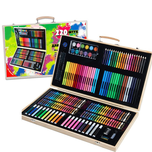 Set 220 Piese pentru Desen si Pictura, Vivimall, Tip Servieta din Lemn, Model Natur, 48 x 30 x 5 cm, Multicolor - vivimall.ro