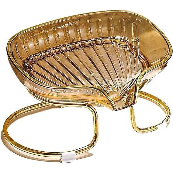Savoniera cu suport din TPE auriu, vedere frontală, sistem scurgere apă, 14 x 8,5 x 9 cm