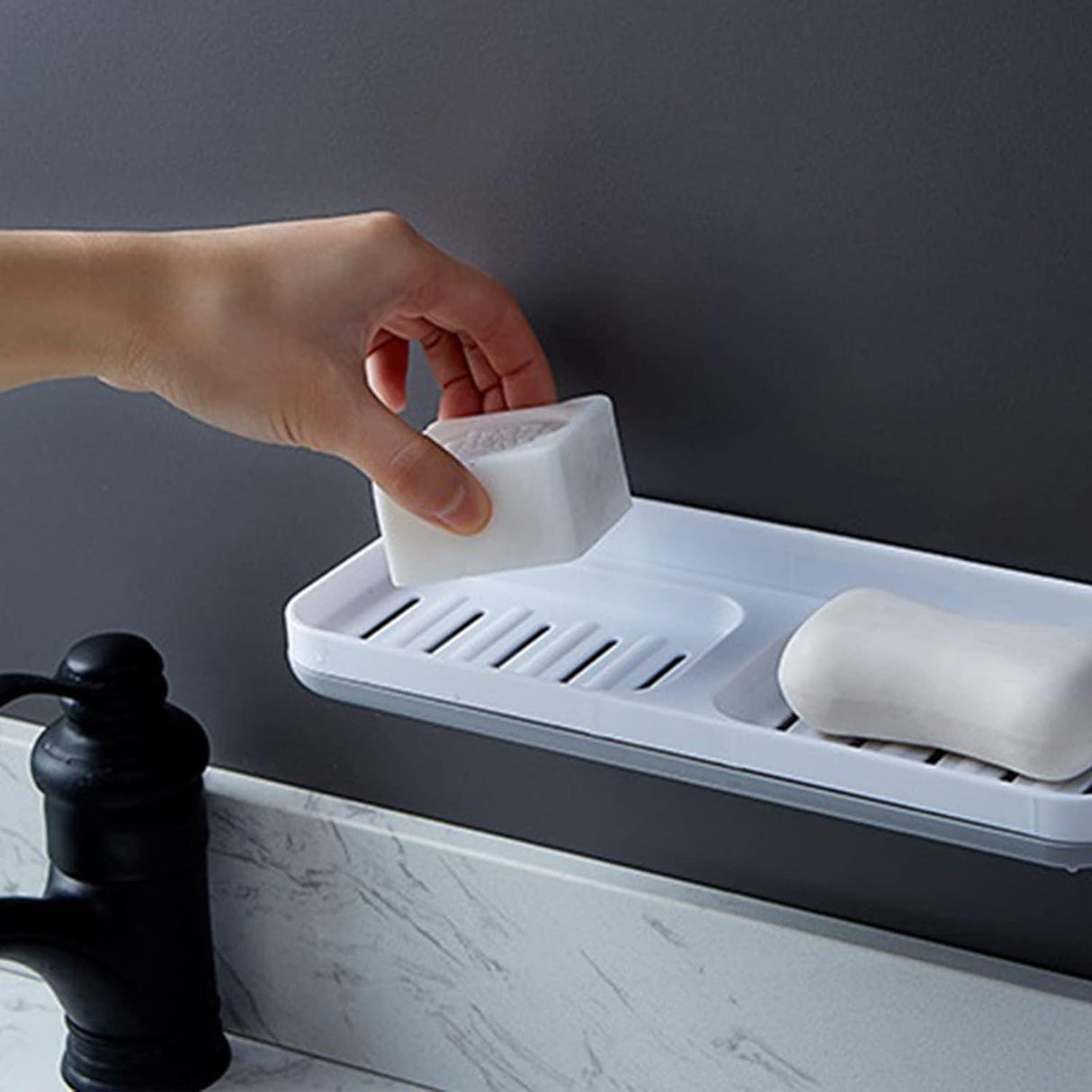 Savoniera Dubla, Flippy, de Perete, cu Compartiment de Scurgere, Montare prin Lipire, 26 x 8 x 4 cm, Alb/Gri