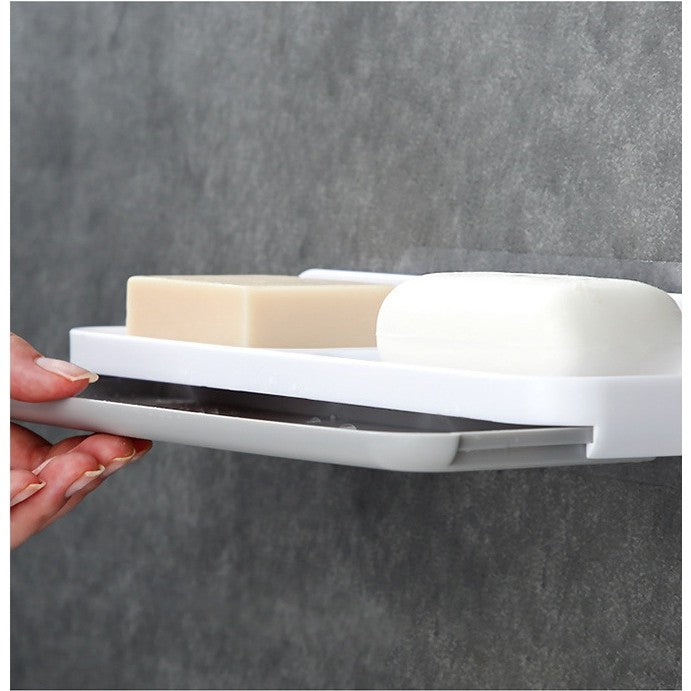 Savoniera Dubla, Flippy, de Perete, cu Compartiment de Scurgere, Montare prin Lipire, 26 x 8 x 4 cm, Alb/Gri