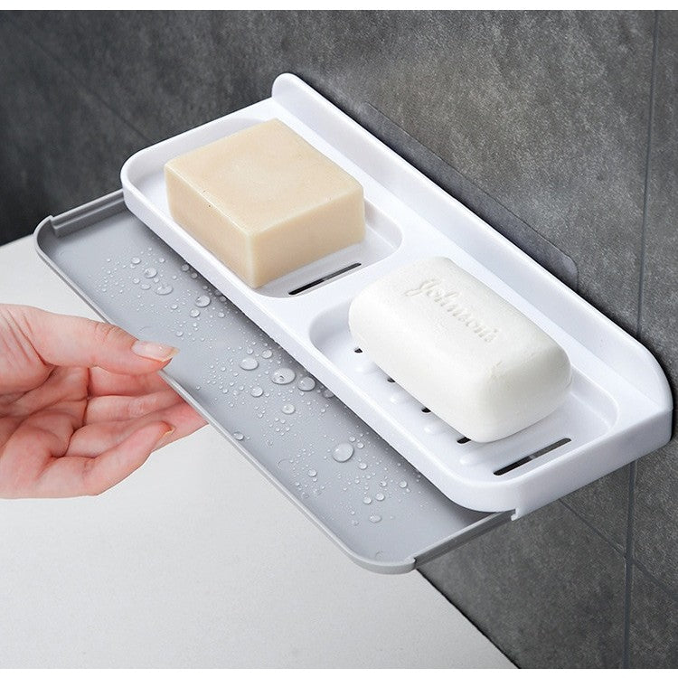 Savoniera Dubla, Flippy, de Perete, cu Compartiment de Scurgere, Montare prin Lipire, 26 x 8 x 4 cm, Alb/Gri