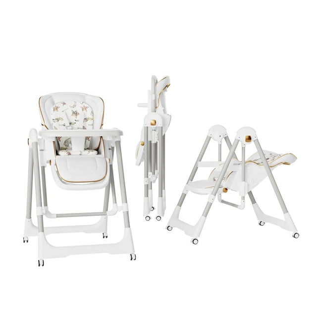 Scaun de Masa 2in1, Vivimall, pentru Copii 6 luni - 4 Ani, Pliabil, cu Roti, Balansoar, Leagan, Reglabil, Tava de Masa Dubla, Centura in 5 Puncte, 96 x 56 x 76 cm, Alb - vivimall.ro