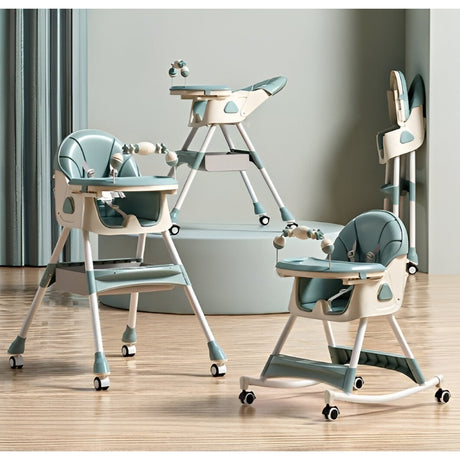 Scaun de Masa pe Roti pentru Copii, Vivimall, 2 Tavite si Husa Detasabile, Multifuncțional, Stabil, Centura de Siguranta, Spatar Reglabil Moale, Balansoar, Cos de Depozitare, de la 6 Luni, Verde - vivimall.ro