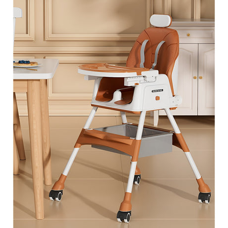 Scaun de Masa pentru Bebelusi si Copii Vivimall, cu Roti, cu Tetiera, Telescopic, Pliabil, Masuta Reglabila, Suport Picioare, Scaun cu Invelis Piele Artificiala, Centura Siguranta, Spatiu Depozitare, 97 x 73 x 65 cm, Maro - vivimall.ro