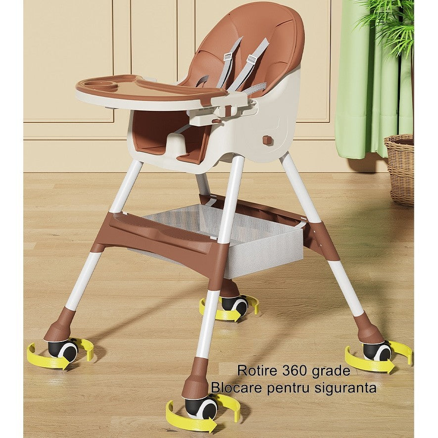 Baba- és gyermek étkezőszék, kerekekkel, teleszkópos, összecsukható, állítható asztal, lábtartó, műbőr huzatú szék, biztonsági öv, tárolóhely 