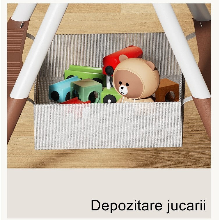 Baba- és gyermek étkezőszék, kerekekkel, teleszkópos, összecsukható, állítható asztal, lábtartó, műbőr huzatú szék, biztonsági öv, tárolóhely 