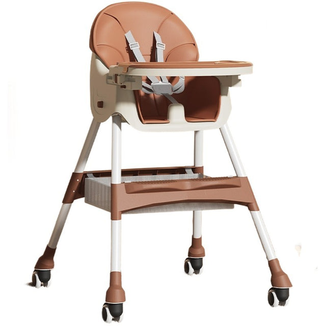 Scaun de Masa pentru Bebelusi si Copii, Vivimall, cu Roti, Telescopic, Pliabil, Masuta Reglabila, Suport Picioare, Scaun cu Invelis Piele Artificiala, Centura Siguranta, Spatiu Depozitare, 97x73x65 cm, Maro - vivimall.ro