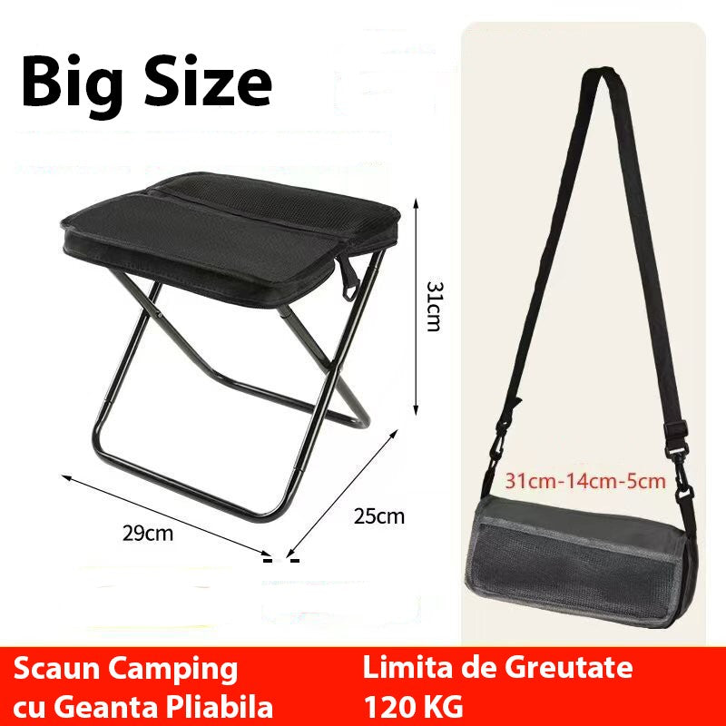 Scaun pliabil camping negru desfășurat, dimensiuni 31x29x25 cm, structură cadru metalic în X