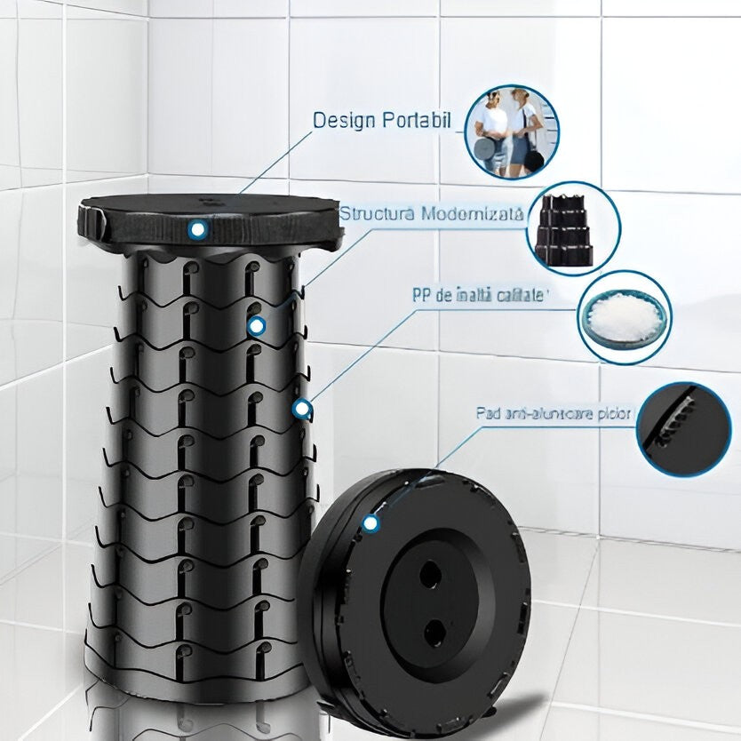 Scaun Telescopic Pliabil pentru Camping si Pescuit, Vivimall, Portabil, Universal, Sustine 150 kg, ABS, Diametru 25 cm, Extensibil, Inaltime 45 cm, Negru - vivimall.ro