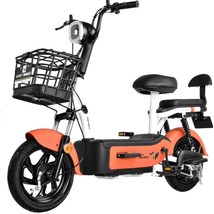 Scuter electric KG portocaliu, detaliu față cu iluminare LED și furcă hidraulică, anvelope tubeless