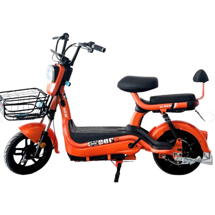 Scuter electric 48V 500W portocaliu, model KG, vedere laterală completă, autonomie 60-80 km