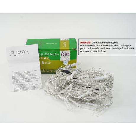 Instalație perdea Crăciun Flippy 1x1 m, 60 LED-uri alb rece, fir transparent, vedere frontală produs