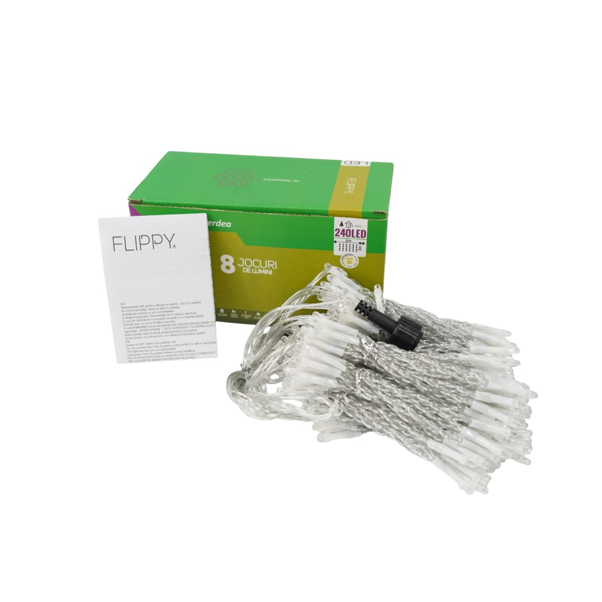 Sectiune Instalatie de Craciun Vivimall Tip Perdea, 8 jocuri de lumini, 2m x2 m, 240 LED-uri, Interconectabila, Fir Transparent, Alb-cald - vivimall.ro