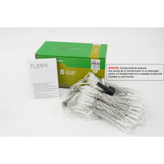 Sectiune Instalatie de Craciun Vivimall Tip Perdea, 8 jocuri de lumini, 2m x2 m, 240 LED-uri, Interconectabila, Fir Transparent, Alb-cald - vivimall.ro