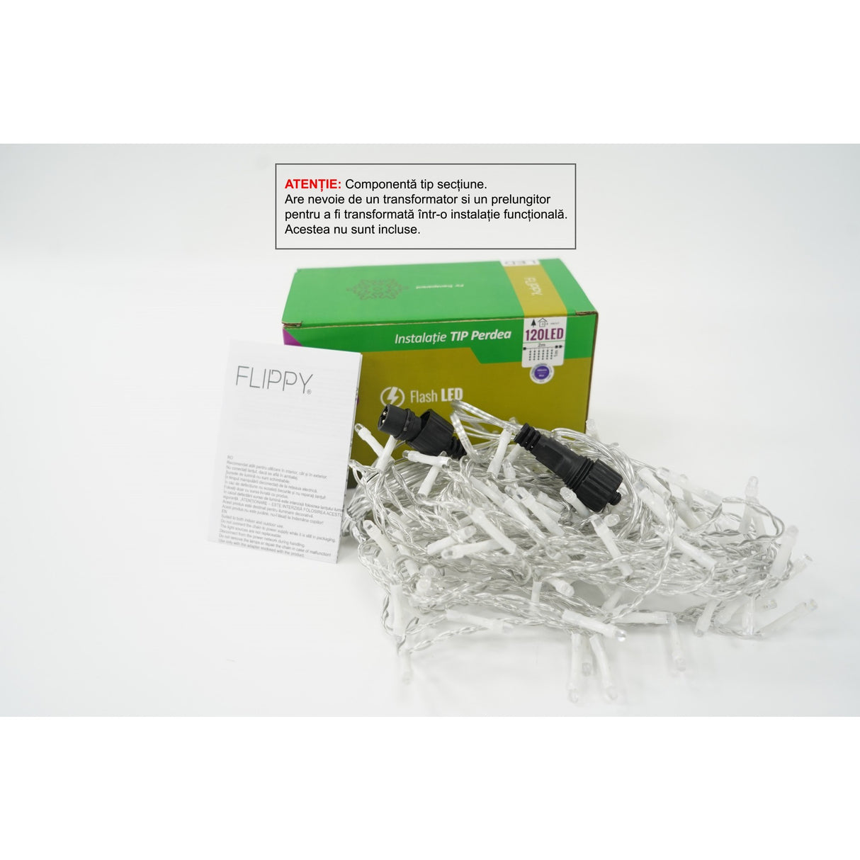 Instalație perdea Crăciun Flippy cu 120 LED-uri albastre, 2x1 m, fir transparent, funcție flash, vedere frontală