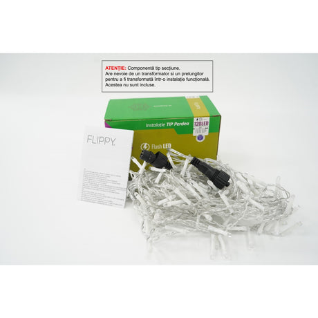Instalație perdea Crăciun Flippy cu 120 LED-uri albastre, 2x1 m, fir transparent, funcție flash, vedere frontală