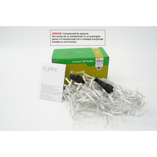 Instalație perdea Crăciun Flippy cu 120 LED-uri albastre, 2x1 m, fir transparent, funcție flash, vedere frontală