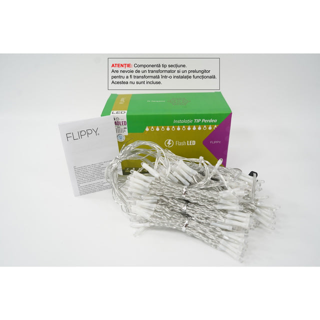 Instalație perdea Crăciun Flippy 2x2 m, 240 LED-uri alb-rece cu efect flash, fir transparent – vedere frontală